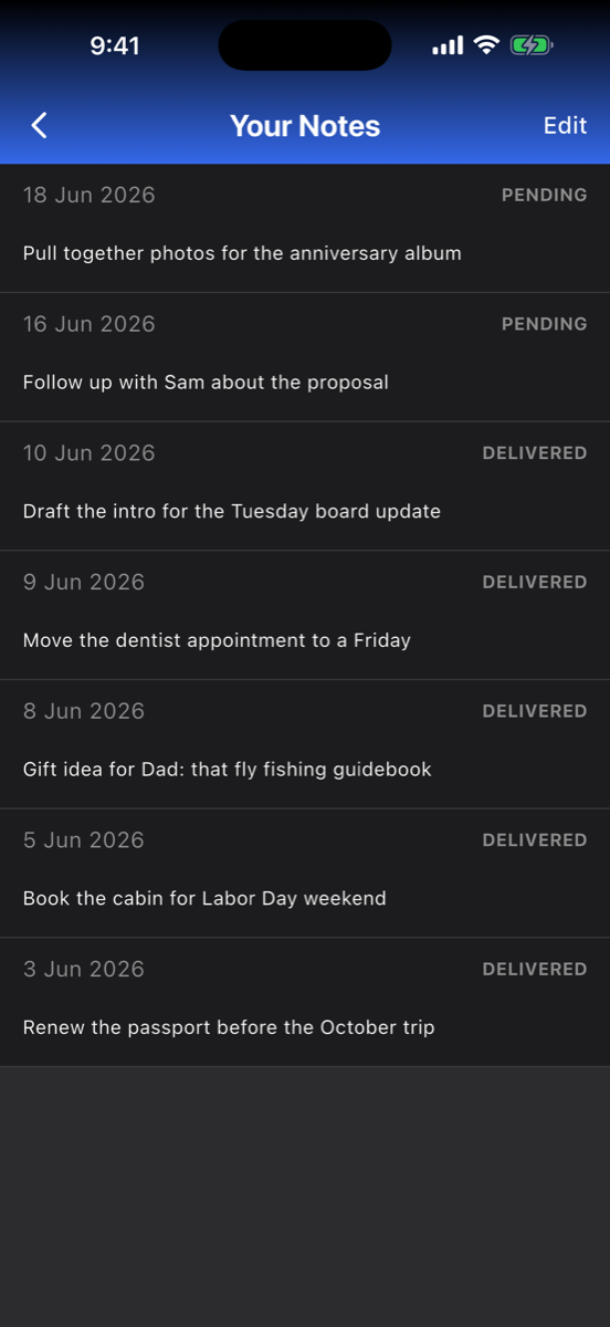 Your Notes screen in dark mode, listing delivered and pending notes by date